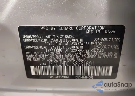 2025 Subaru Crosstrek Premium z USA, uszkodzony, nr VIN JF2GUHDC1S8231601